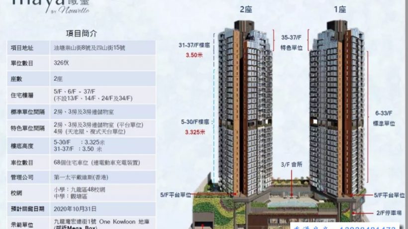 香港九龙油塘新楼盘曦台面积565平方尺,成交价1343.6万